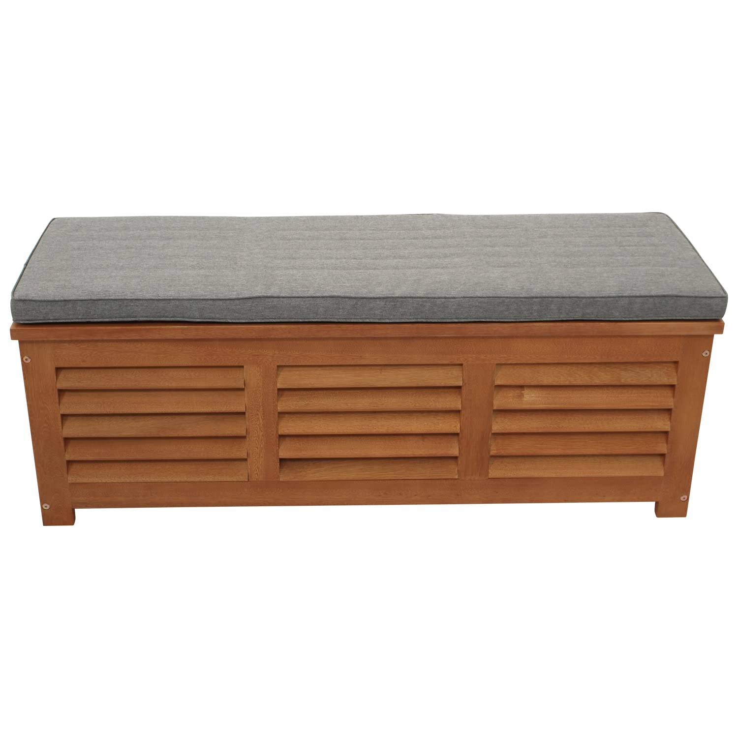 DEGAMO Kissenbox Kissentruhe mit Deckel 128 x 42 x 43,5 cm, Eukalyptus Holz braun geölt, mit Auflage grau, FSC®-Zertifiziert