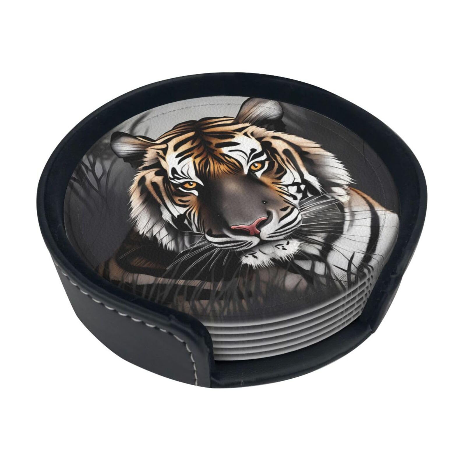 Tiger at rest Leather Coasters-Set of 6 with Storage Holder