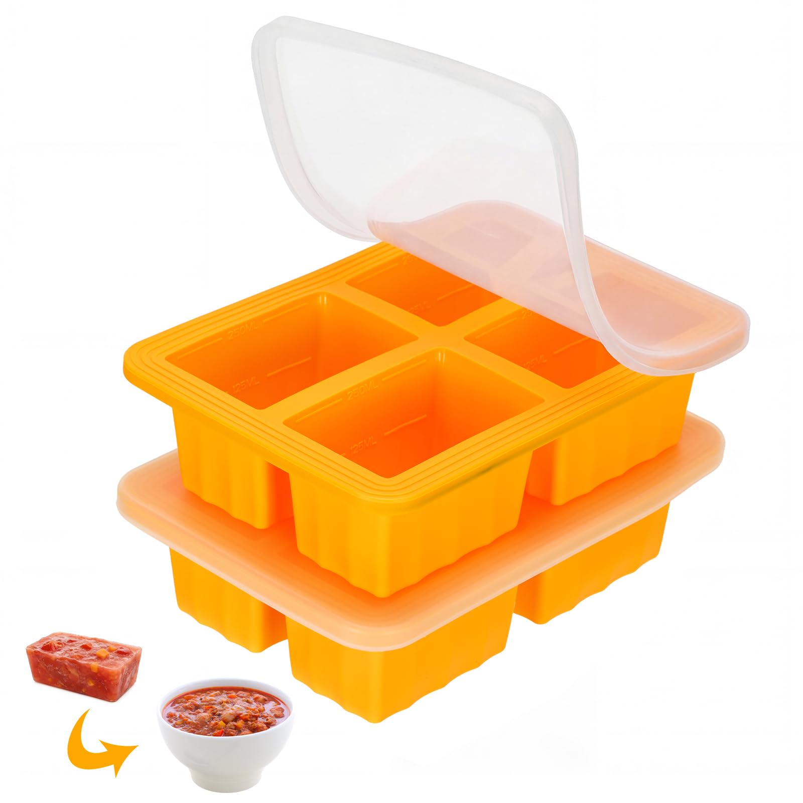 Defresit 2 PACK Extra-Large Silicone Freezing Tray with Lid, Freezer Trays For Batch Cooking, Soup Freezer Containers, Large Ice Cube Tray for Soup Sauce Meal Prep, 300ml Portion, BPA Free(Orange)