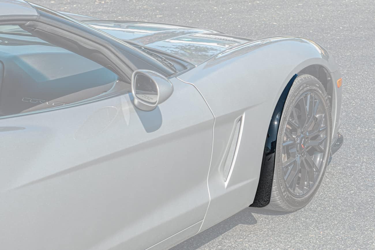 Replacement for 2005-2013 Chevrolet Corvette C6 Base Models | GM Factory XL Extended Style Carbon Fiber Front Wheel Side Splash Guards Mud Flap Pair (ABS Plastic - Painted Glossy Black)