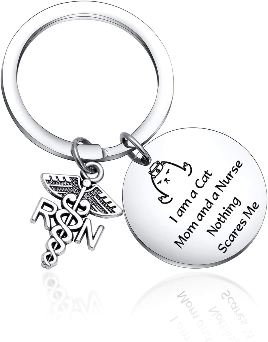 Keytells Funny gift I am a Cat Mom and a Nurse Nothing Scares Me Inspirational keychain for Nurses Cat Lover Gift