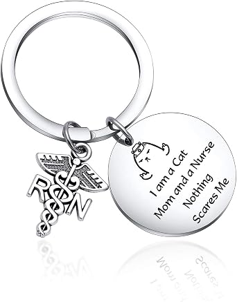 Keytells Funny gift I am a Cat Mom and a Nurse Nothing Scares Me Inspirational keychain for Nurses Cat Lover Gift