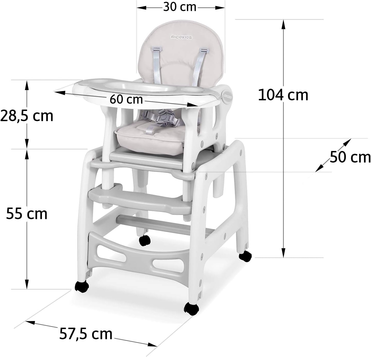 Diagram showing dimensions of the Ricokids Sinco High Chair