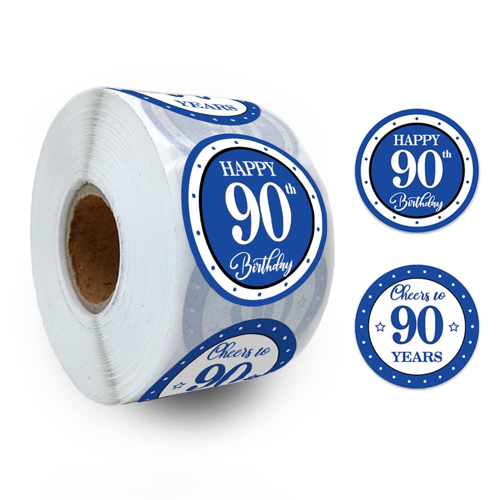 REWIDPARTY Blue 90th Birthday Stickers (500 PCS) - Cheers to 90 Years - Round Stickers - Adhesive - Waterproof - Paper - Custom Style - Letter Print