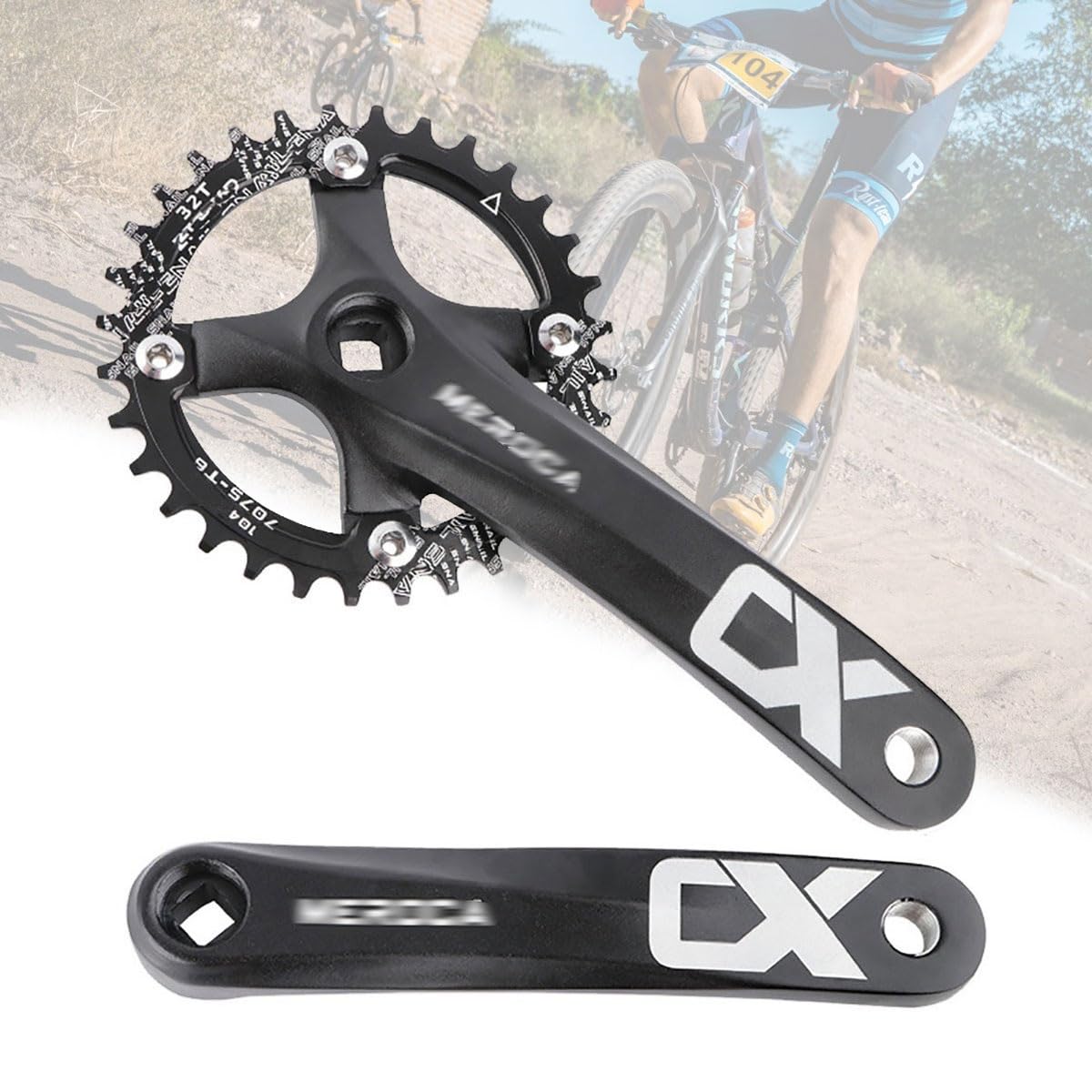 HZXQCVB 170mm Square Taper MTB Crankset Mountain Bike Single Speed Crankset 104 32T/34T/36T/38T/40T/42T Chainring And Bolts Bicycle Crank Arm Set(Svart,32T)