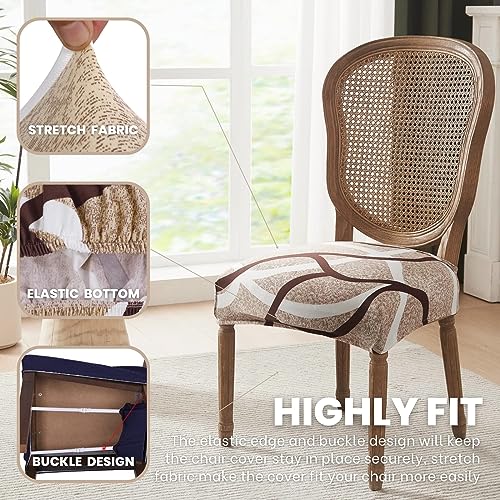 Image of SearchI Stretch Dining Chair Seat Covers Set of 8, Soft Removable Washable Seat Covers for Dining Chairs, Dining Room Seat Cover Slipcover Protector (Rear-Covered, Beige)