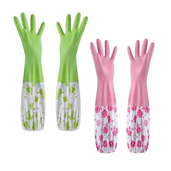 2-Pairs Long Sleeve Floral Gloves - 46cm Warm Lined Rubber Household Gloves for Dishwashing, Cleaning, Gardening & Outdoor Work Pink, Green