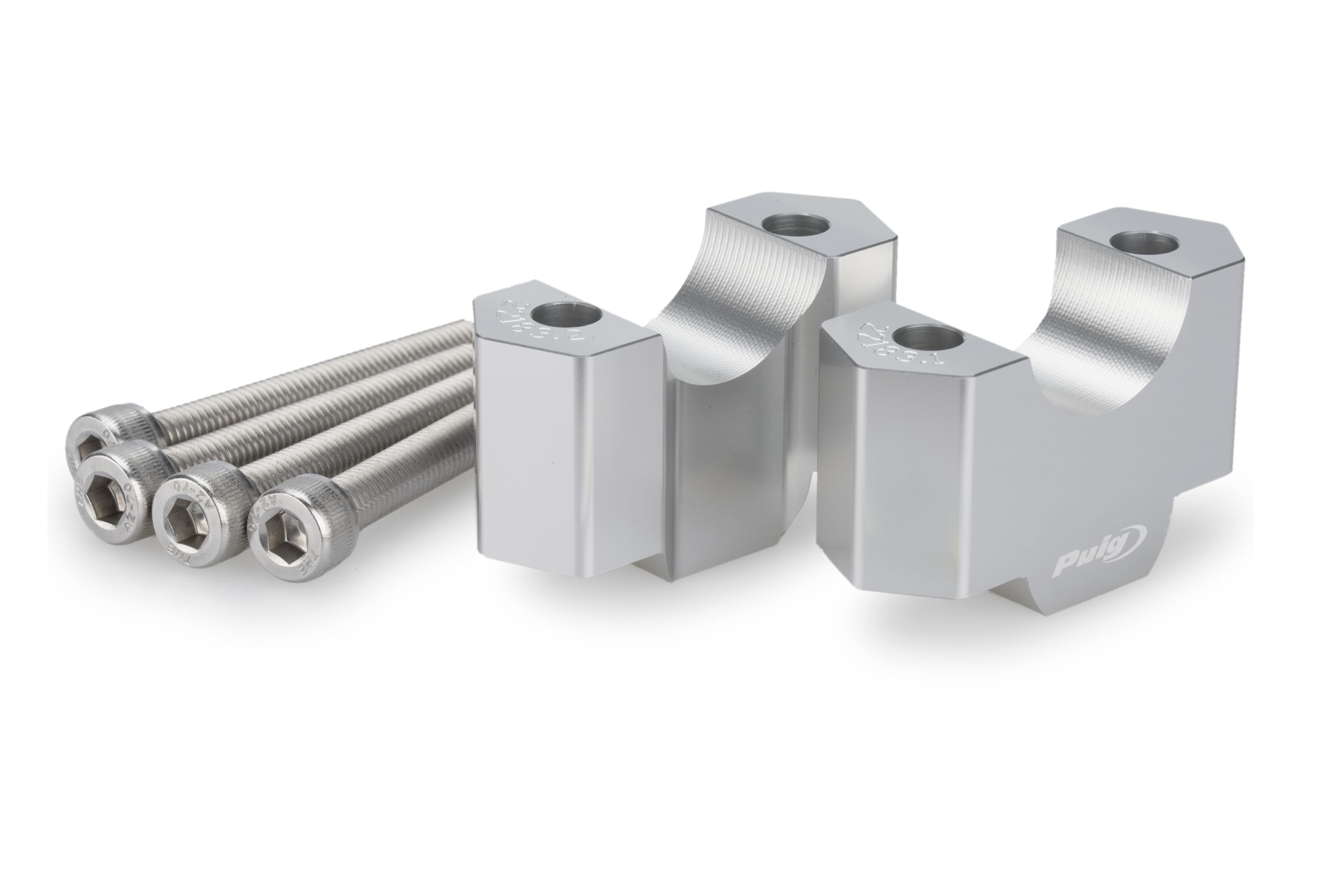 Puig 22183P Risers, Hi-Tech Parts handlebar risers with 20mm height, CNC-machined in anodized aluminum, improve riding posture with style, Silver
