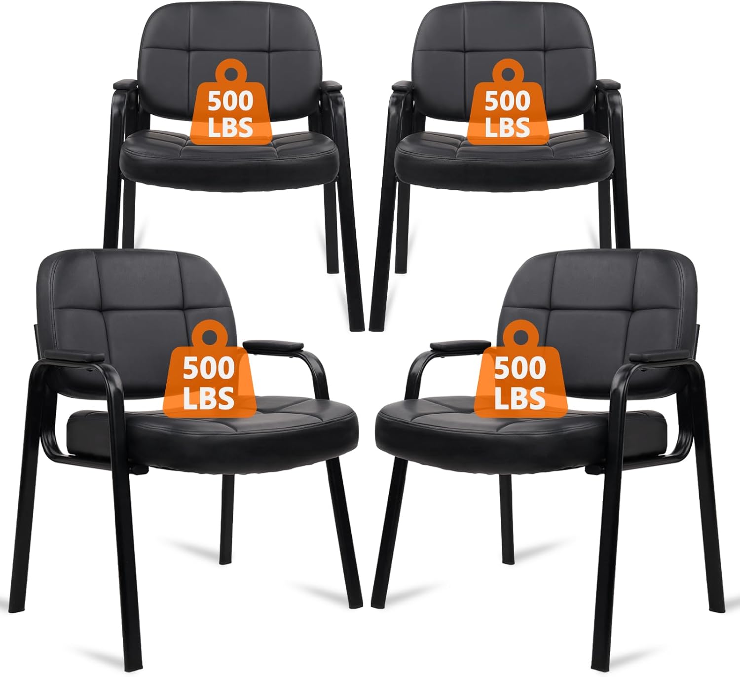 CLATINA Big & Tall 500 lbs Waiting Room Guest Chair, Leather Office Reception Chair No Wheels with Padded Arms for Elderly Home Desk Conference Room Lobby Side Salon Clinic, Black(4 Pack)