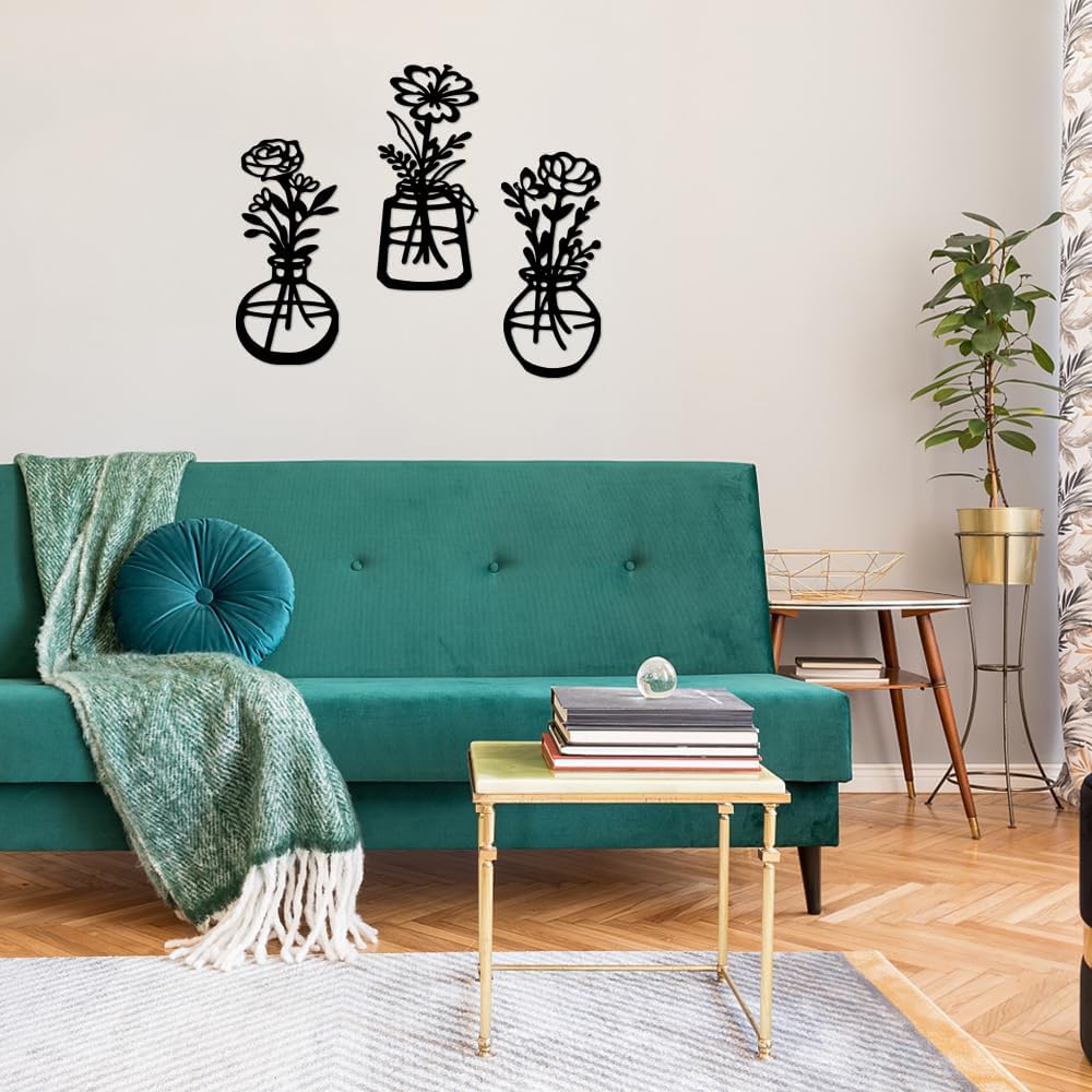 Bochino 3 Pcs Metal Flowers Wall Arts Rustic Farmhouse Decor Minimalist Flower Wall Decors for Livingroom Bathroom Bedroom Dining Room Kitchen, Housewarming Gifts (J-Black)