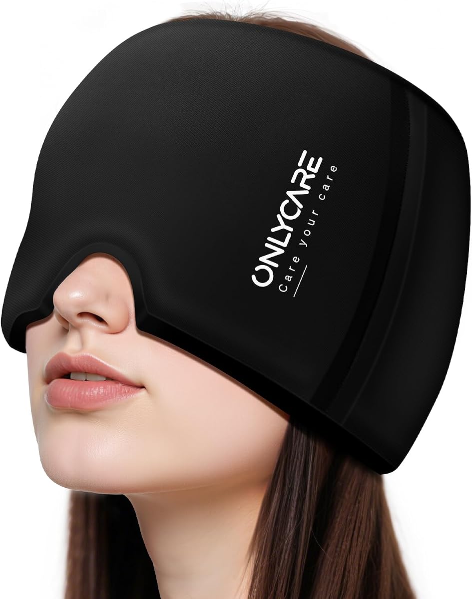 ONLYCARE® Migraine Relief Cap, Upgraded Odorless Headache Relief Cap, 360° Gel Surround Ice Pack Mask for Migraine, Sinus, Stress, Frontal Headaches (Black)