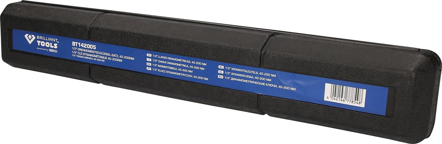 Clé Dynamométrique 28/200 Nm - BT142005 - Cliquet Carré Reversible plus Rallonge 1/2" et 3 Douilles 1/2" (17, 19, 21 mm) - pour Travaux sur Voiture - Rotation Horaire/Anti Horaire - BRILLIANT TOOLS