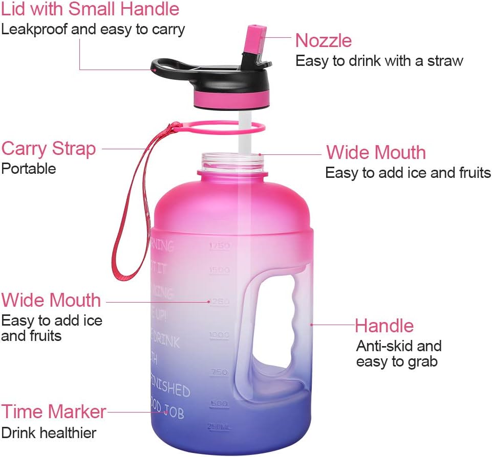 Opard One Gallon/Half Gallon Motivational Water Bottle with Time Marker & Straw to Drink, Large BPA Free Leakproof Water Jug for Sports and Outdoor Activity