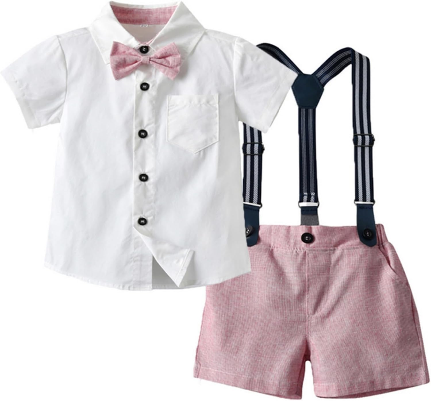 Toddler Boy Summer Gentleman Outfits Short Sleeve Shirt with Bowtie Suspender Shorts Suit 1-8 Years