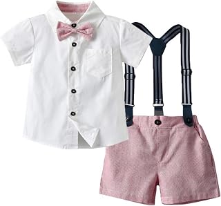 Niño Trajes de Caballero de Verano Niño Camisa de Manga Corta con Pajarita Tirantes Pantalones Cortos Traje 1-8 Años