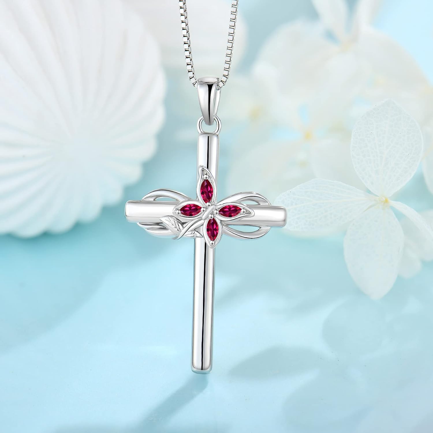 Cross Necklace for Women 925 Sterling Silver Butterfly Cross Pendant Necklace Birthstone Jewelry Gifts for Her