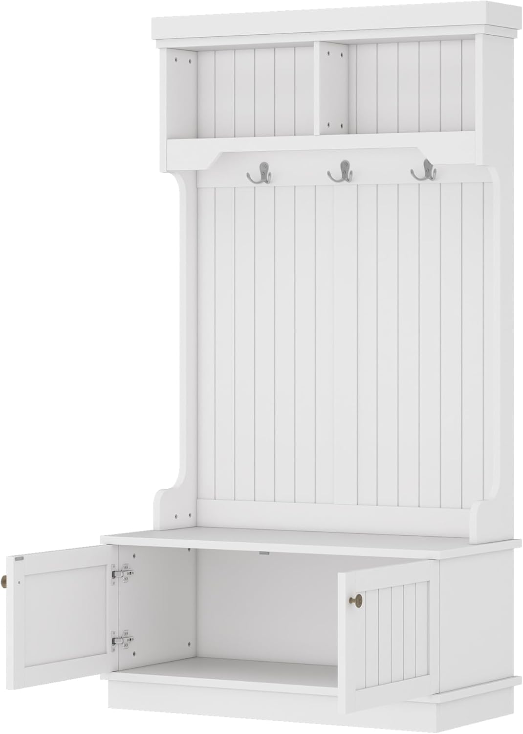 Przód view of the Bellemave Hall Tree's lower section with both cabinet doors open, revealing two storage compartments for shoes or other items.