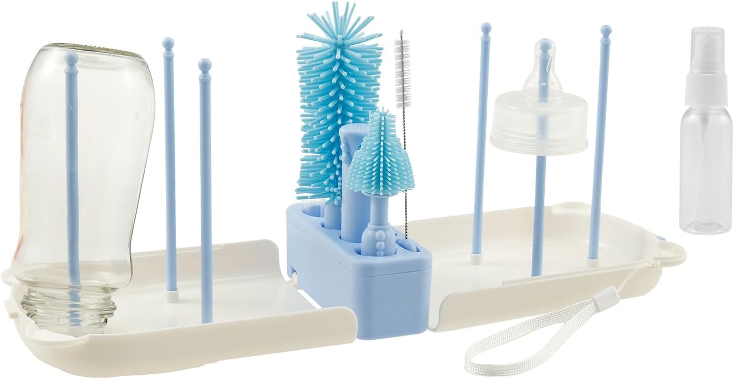 Portable Bottle Brush Set,7-in-1 Baby Bottle Cleaner Kit, Drying Rack,Bottle Cleaning Tool for Home and Travel, Blue