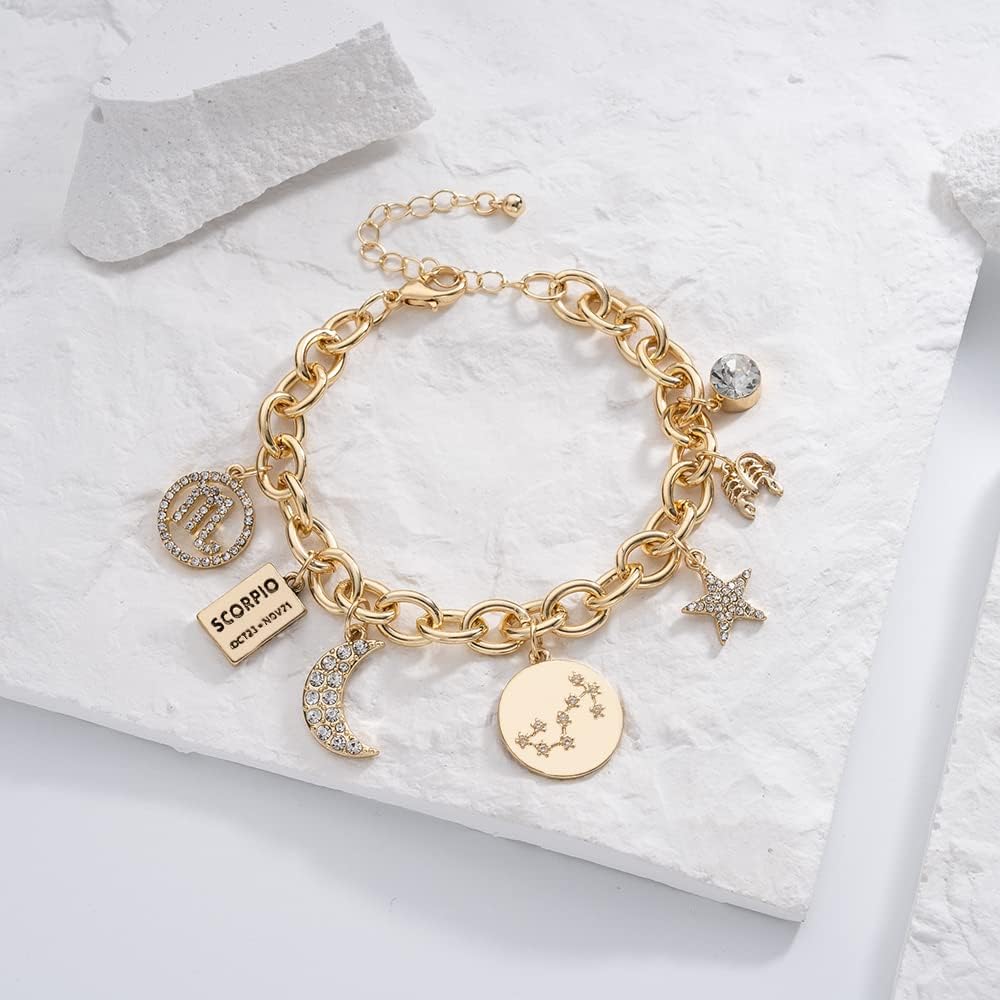 Miniatura 5 de Madison Tyler - Pulsera para mujer con dijes, símbolo de constelación del zodiaco, chapada en oro, placa de identificación, luna, constelación,