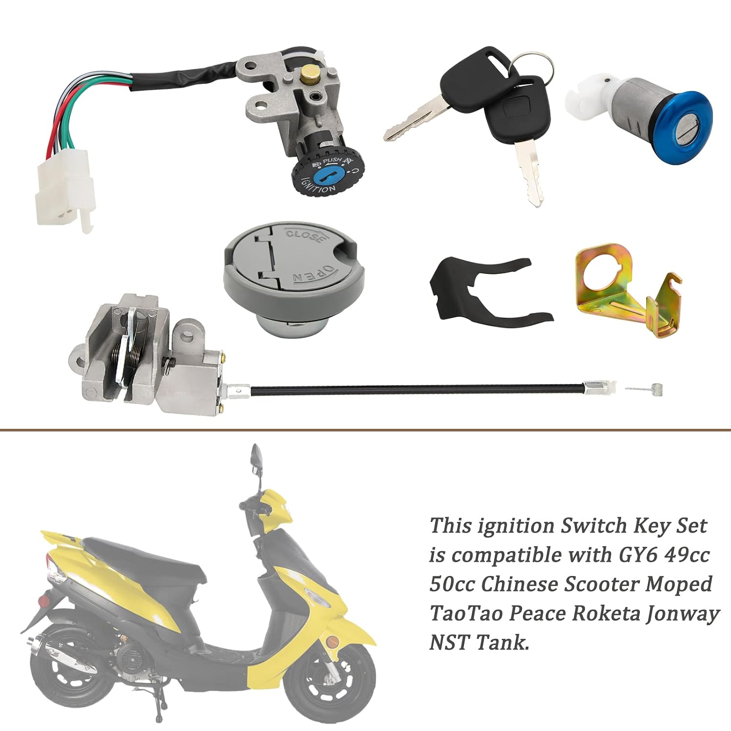 49cc Ignition Switch, 50cc Key Ignition, Ignition Switch Key Set Compatible with GY6 50cc 49cc TaoTao Scooter Moped Peace Roketa Jonway NST Tank