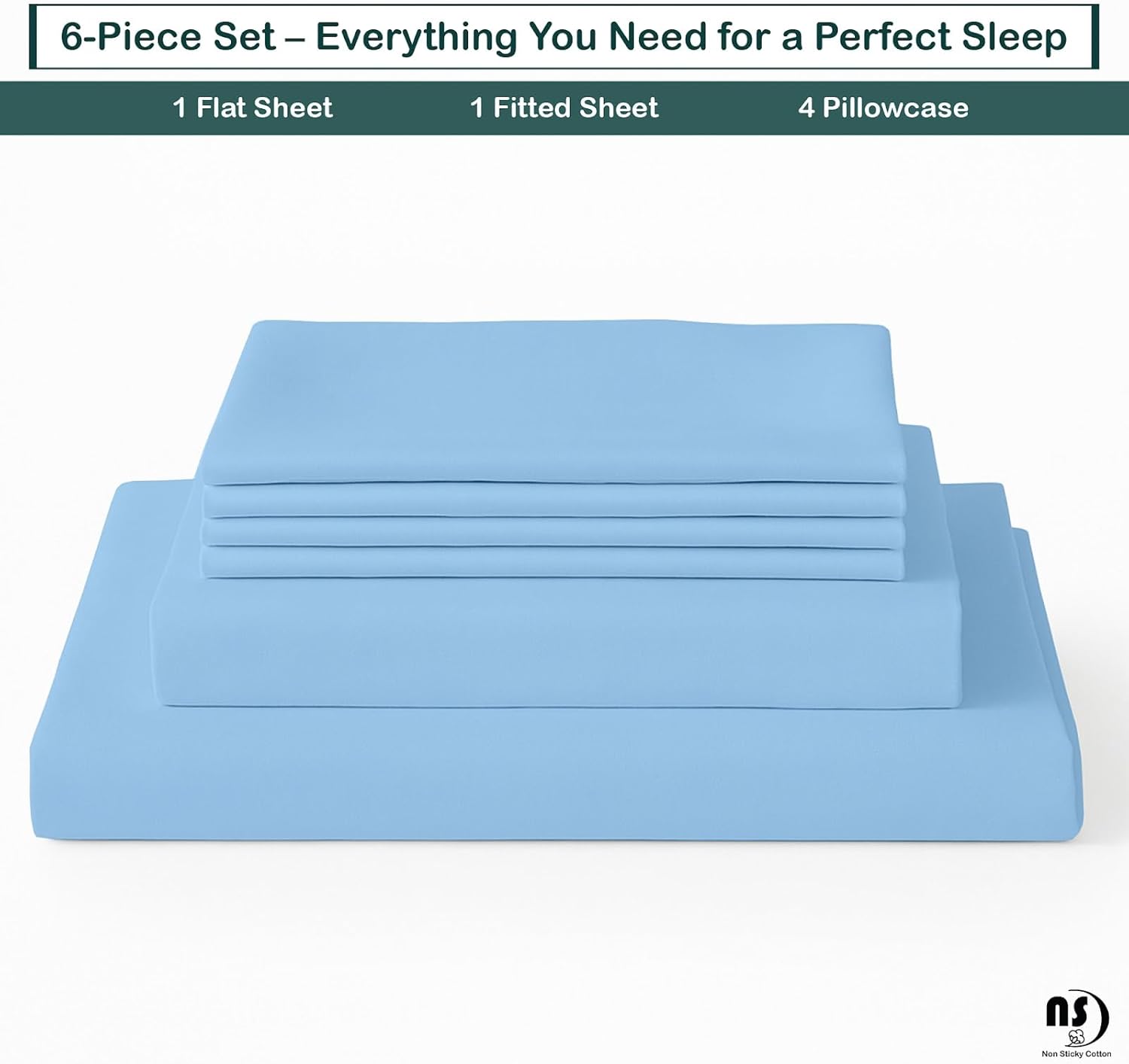 NON Sticky cotton Premium 6 Piece Egyptian Cotton Fitted Queen Sheet Set, Hotel Quality Soft Breathable Bedding Sheets, 16" Deep Pocket, 60" X 80", Light Blue Solid