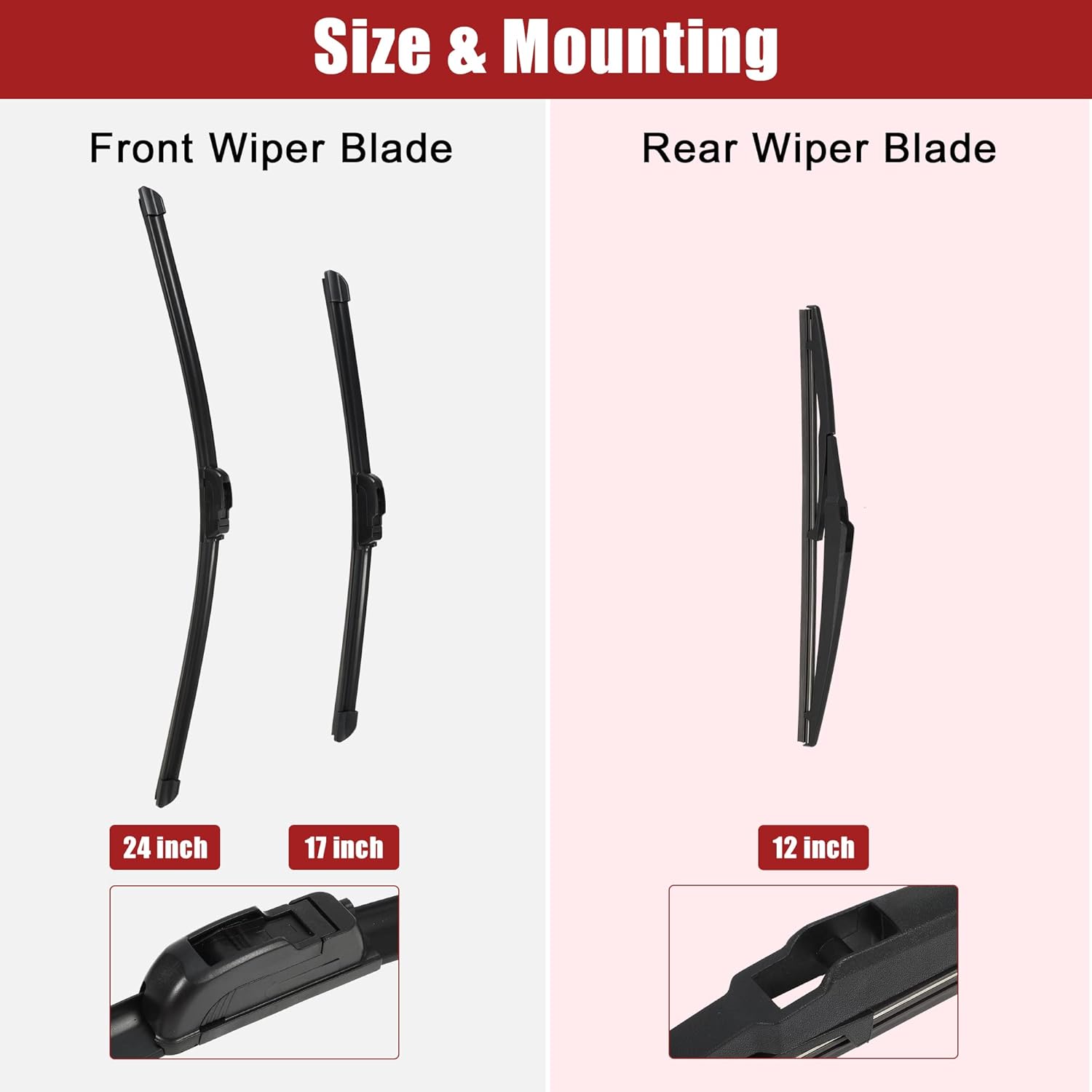 ACROPIX 24" 17" 12" Front Rear Windshield Wiper Blade Set Fit for Toyota RAV4 2006-2012 with J/U Hook - Pack of 3 Black