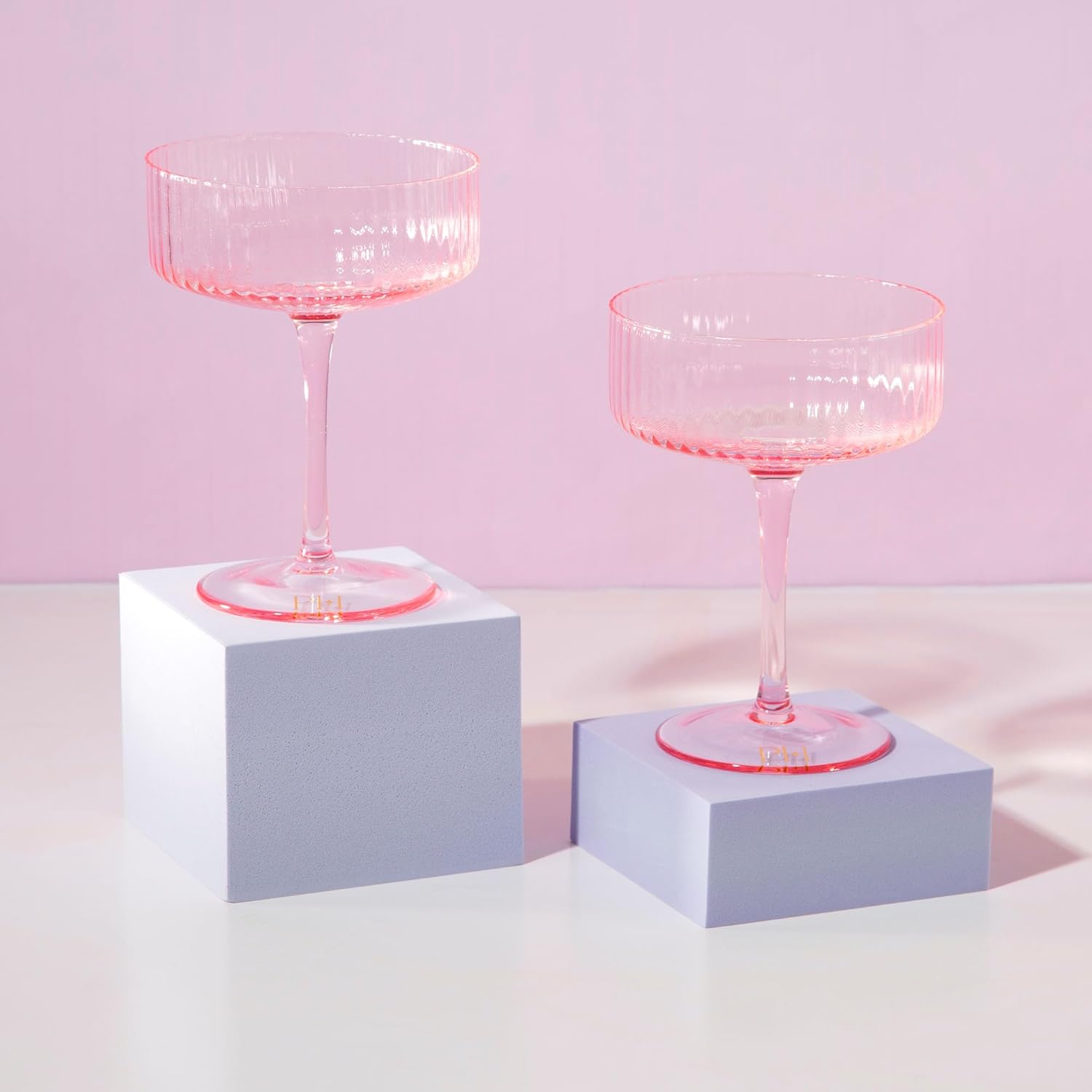 Paris Hilton Ribbed Coupe Cocktail Glass Set, Elegant Fluted Glassware, Perfect for Champagne, Martinis, Wine and More, Set of 2, 10-Ounce, Pink - Image 6