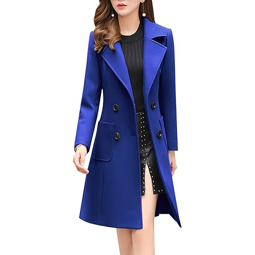 chouyatou Women Elegant Notched Collar Double Breasted Wool Blend Over Coat