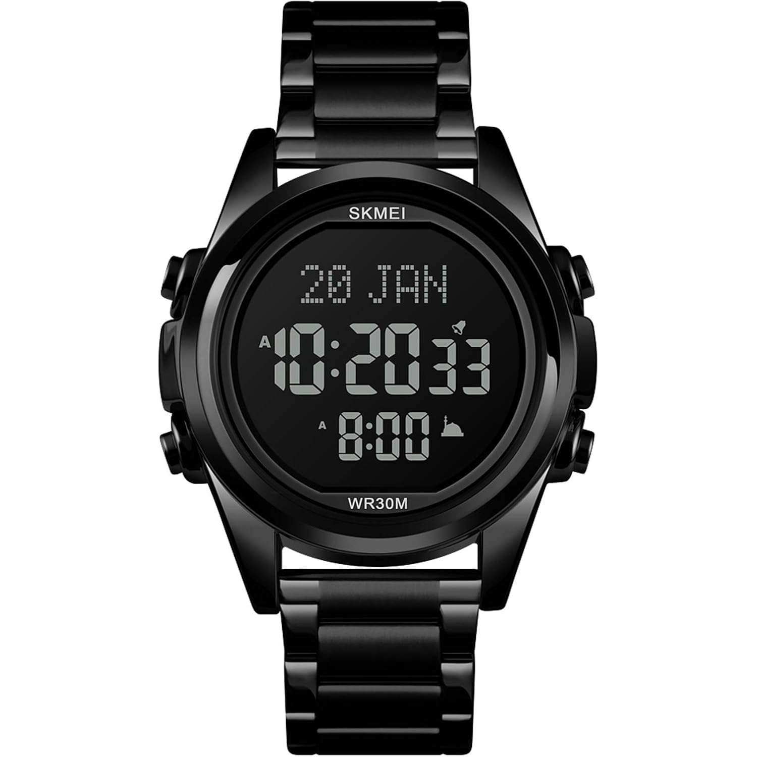 Foloose Digital Watch for Prayer Qibla Compass Hijri Calendar Bookmark City Selection Function Date Week Alarm Backlight 3ATM Men Azan Watches Wristband Men's Gifts with Watch Box(Black)