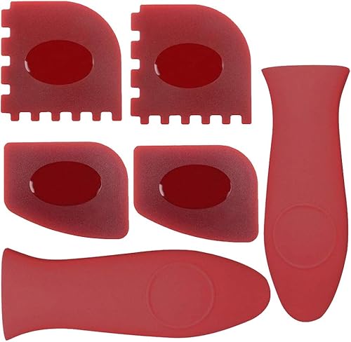 2 cubiertas de silicona con mango caliente, 2 raspadores de plástico para parrilla, 2 raspadores de sartén de plástico para sartenes de hierro