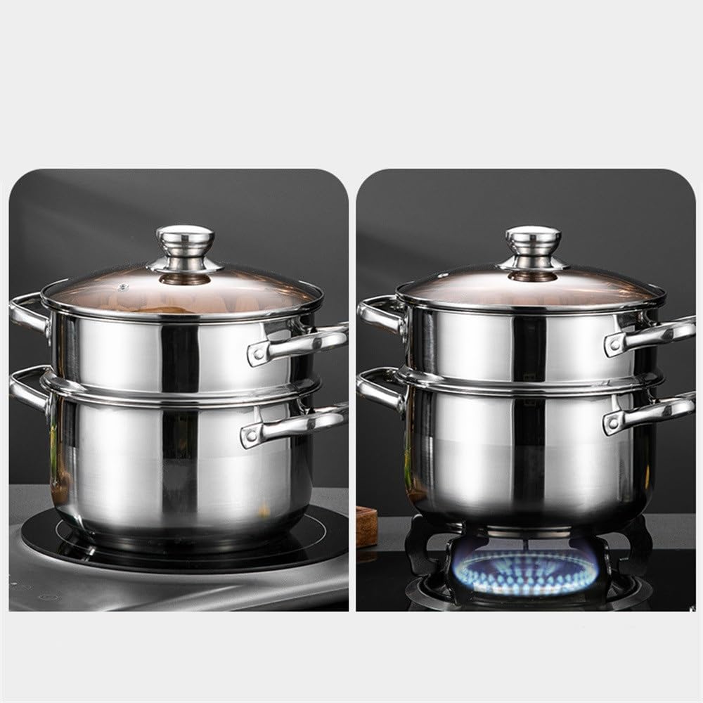 Pentola per cottura a vapore per Uso domestico, fornello a induzione, fornello a Gas, pentola per cottura a vapore in Acciaio inossidabile (Argento 24 cm)