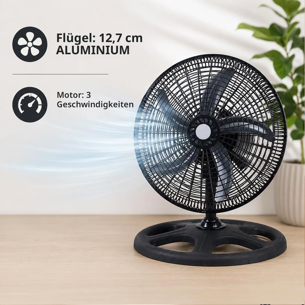 BAKAJI Ventilator 3-in-1, Tischventilator aus Stahl und Kunststoff, 3 einstellbare Geschwindigkeiten, Oszillationsfunktion, rund, robust und stabil, leise (50 cm)
