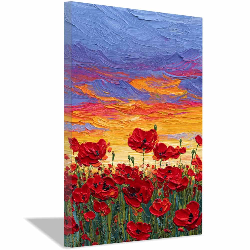 Xeniou Multicolor Flowers Canvas Reds Poppies Mountain Views Canvas Wall Art, For Bathroom Living Room Bedroom Office Kitchen(Multicolor)-60X90cm Framed