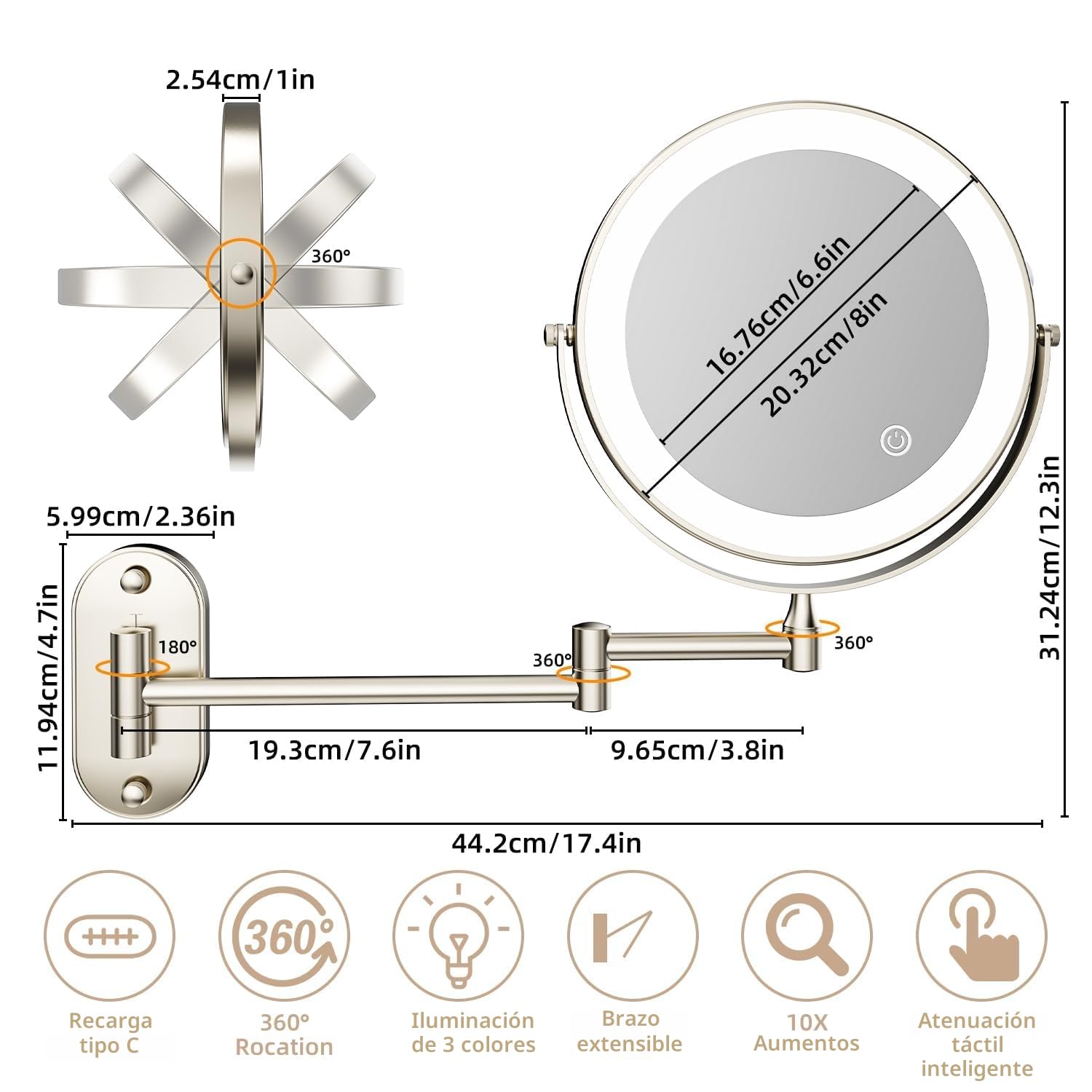 Espejo Maquillaje Con Luz Pared, Espejo Aumento Baño 1X/10X Giratorio 360, Con 3 Colores Regulable, Espejo De Aumento Con Luz, Recargable Espejo Para Baños, Hoteles