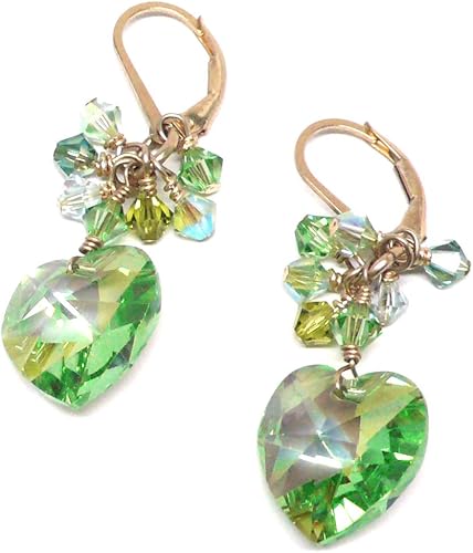 Miniatura 4 de 14x14mm Crystal Heart Spring Green Cluster Drop Earrings Gold-Filled or Sterling