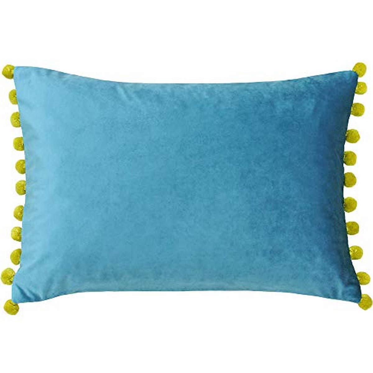 Riva Paoletti Fiesta Rectangular Feather Filled Cushion Blue Green Pompom Edges-Soft Velvet Fabric-Discreet Zip Closure-100 Case (14" x 20" inches), Polyester, Teal/Bamboo, 35 x 50cm