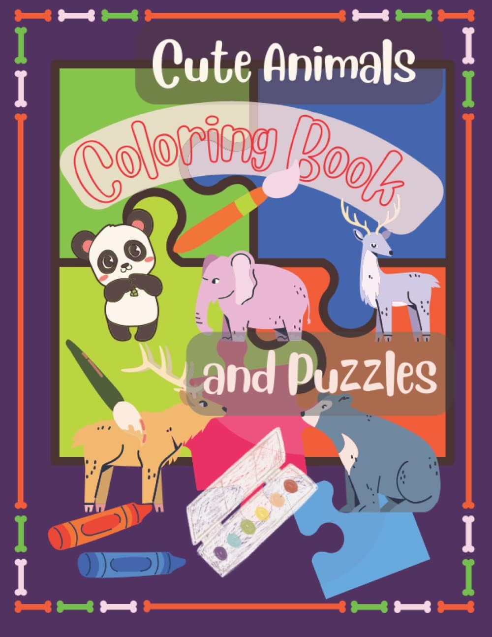 Cute Animals Coloring Book & Puzzles: Includes Horses, Puppies, Bear, Maze & Word Puzzles, and More For Kids and Teens (Age 3 - 12 years)