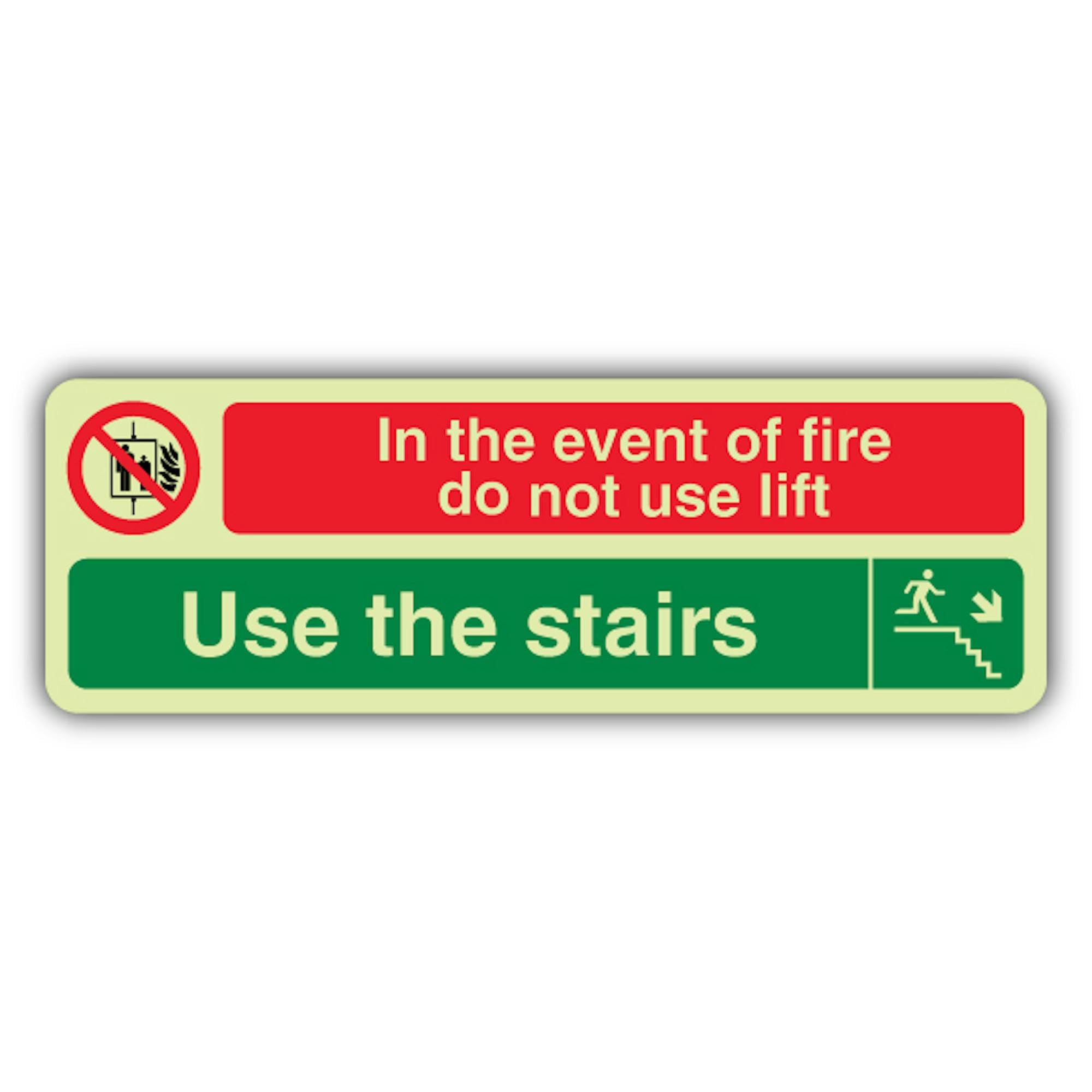 V Safety - Señal de seguridad que brilla en la oscuridad en caso de fuego no use ascensor - Use The Stairs Down Right - 750 x 250 mm - Hecho de vinilo autoadhesivo Triple Glow - Señalización de