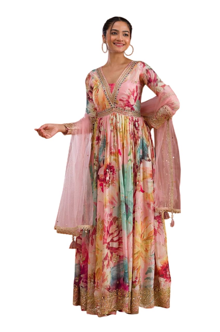 Women's Chinon Silk Gown | Embroidery Work | Embroidered Chinon Silk Outfit | Designer Embroidered Dress with Dupatta || Long Sleeve Gowns-picture-19