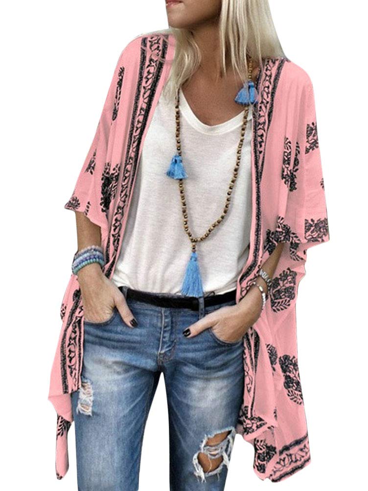 ORANDESIGNE Mujer Cárdigan Kimono Florales Manga 1/2 Tops Blusa Floral Suelta Casual Boho Style Bikini Cover Up Cubierta de Playa