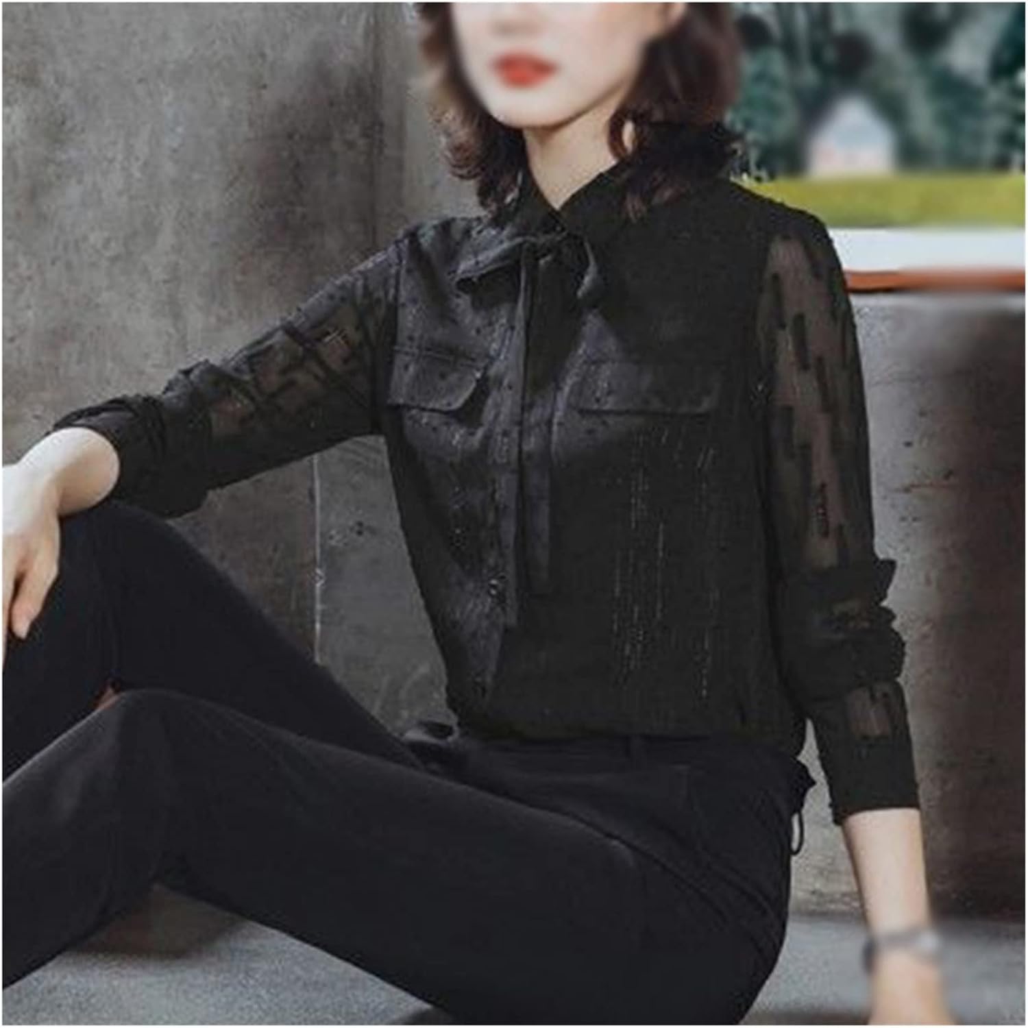 春と秋の弓ボタン シフォン シャツ レディース長袖何百ものシャツ女性のカーディガン トップス女性 (Color : A, Size 