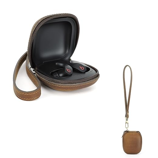Hiram custodia in pelle per auricolari antiurto in vera pelle per beats fit pro custodia protettiva per cuffie wireless con porta di ricarica e cinturino da polso (marrone)