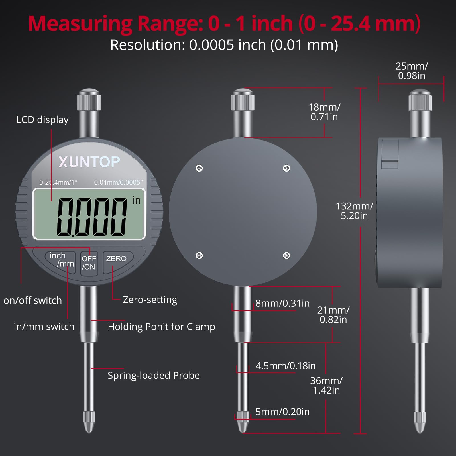 XUNTOP Comparateur magnétique numérique, base magnétique avec bras serpent flexible de 340 mm, comparateur professionnel 0,01 mm/0,0005" portable avec écran LCD pour atelier, tour, fraiseuse