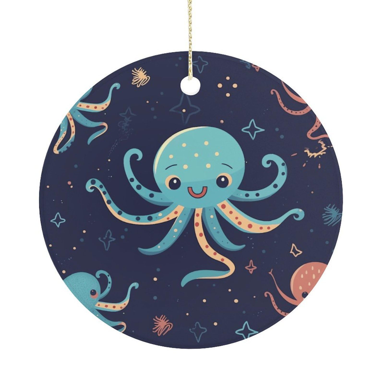 Cartoon Octopus Christmas Ornament,Round Ceramic Ornaments Personalized Christmas Tree Ornament for Holiday Porcelain Keepsake Gifts Ideas Home Decor