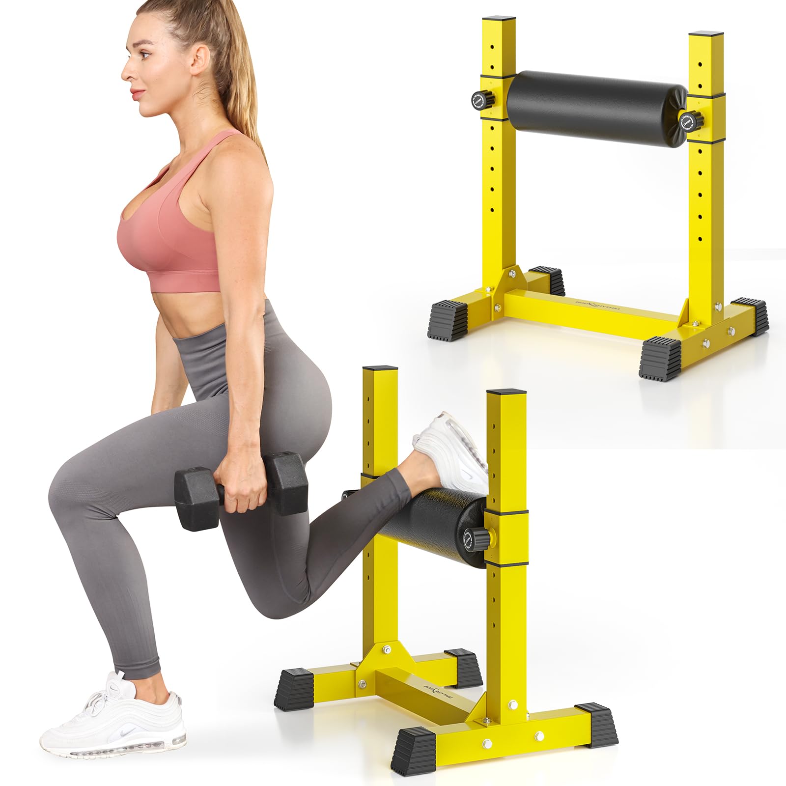BODYRHYTHM Bulgarian Split Squat Stand, Single Leg Squat Roller Stand with 9 Adjustable Roller Heights for Squats, Leg Lunges, Lower Body Training. (Yellow)