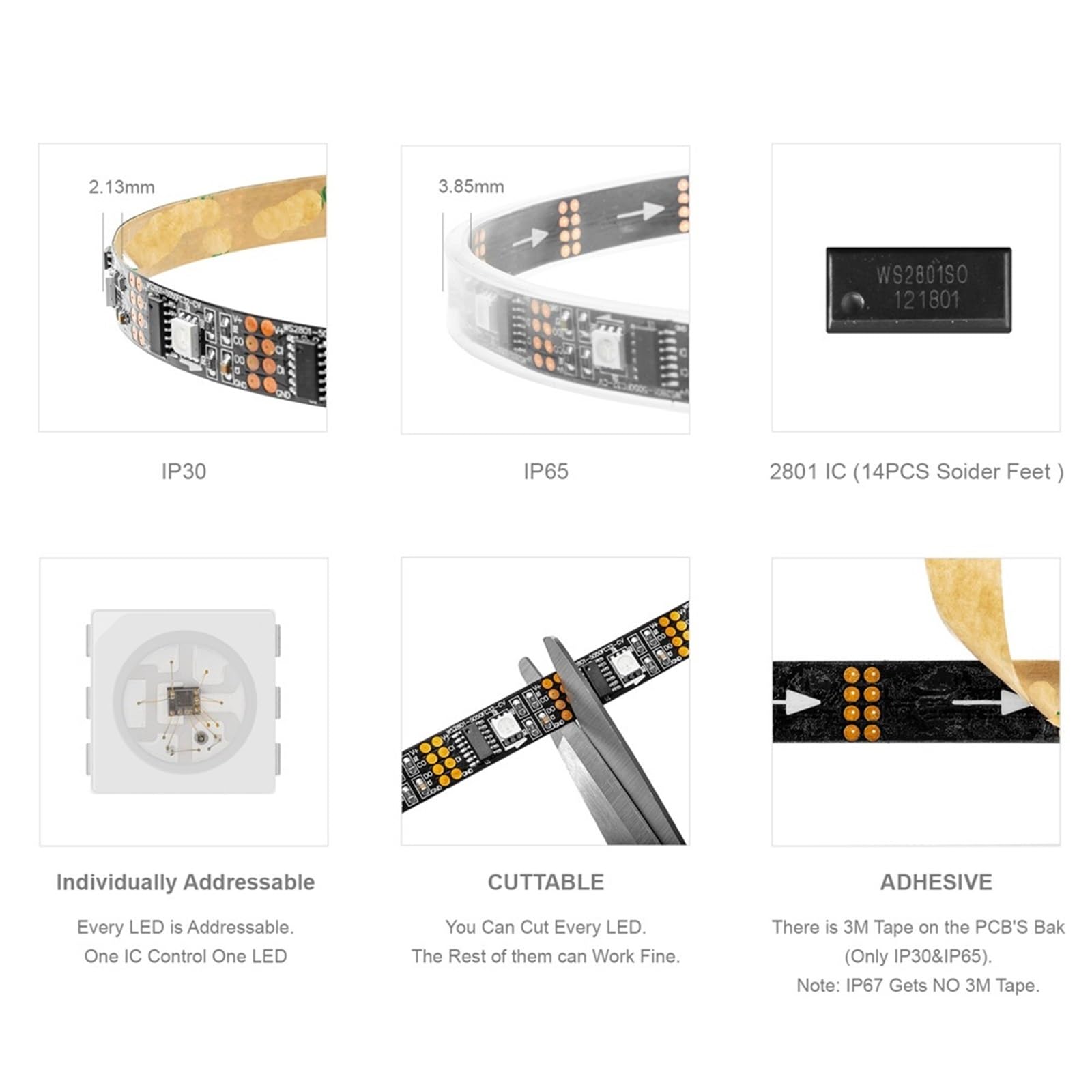 WS2801 LED-Streifenlicht, 5 V, 1 m, 2 m, 3 m, 4 m, 5 m, 32 LEDs, 2801-Chip-LED-Leuchten, individuell adressierbar, 12 mm, volle Traumfarbe, IP30 67(3-m WS2801 IP30)