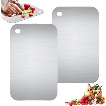 Set of 2 Stainless Steel Chopping Boards 15 cm x 24 cm Titanium Chopping Board Double-Sided Antibacterial and Anti-Mould Stainless Steel Cutting Board for Meat Bread Vegetables and Fruit
