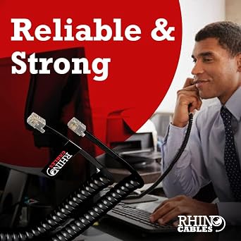 rhinocables RJ10 Coiled Handset Cable (5m) Anti-Knot Curly Phone Lead for BT & Office Telephones | Durable Copper 4-Core Wire with Gold Tips for Clear, Consistent Voice Calls (1 Pack, Black)