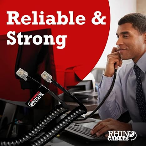 rhinocables RJ10 Coiled Handset Cable (5m) Anti-Knot Curly Phone Lead for BT & Office Telephones | Durable Copper 4-Core Wire with Gold Tips for Clear, Consistent Voice Calls (1 Pack, Black)