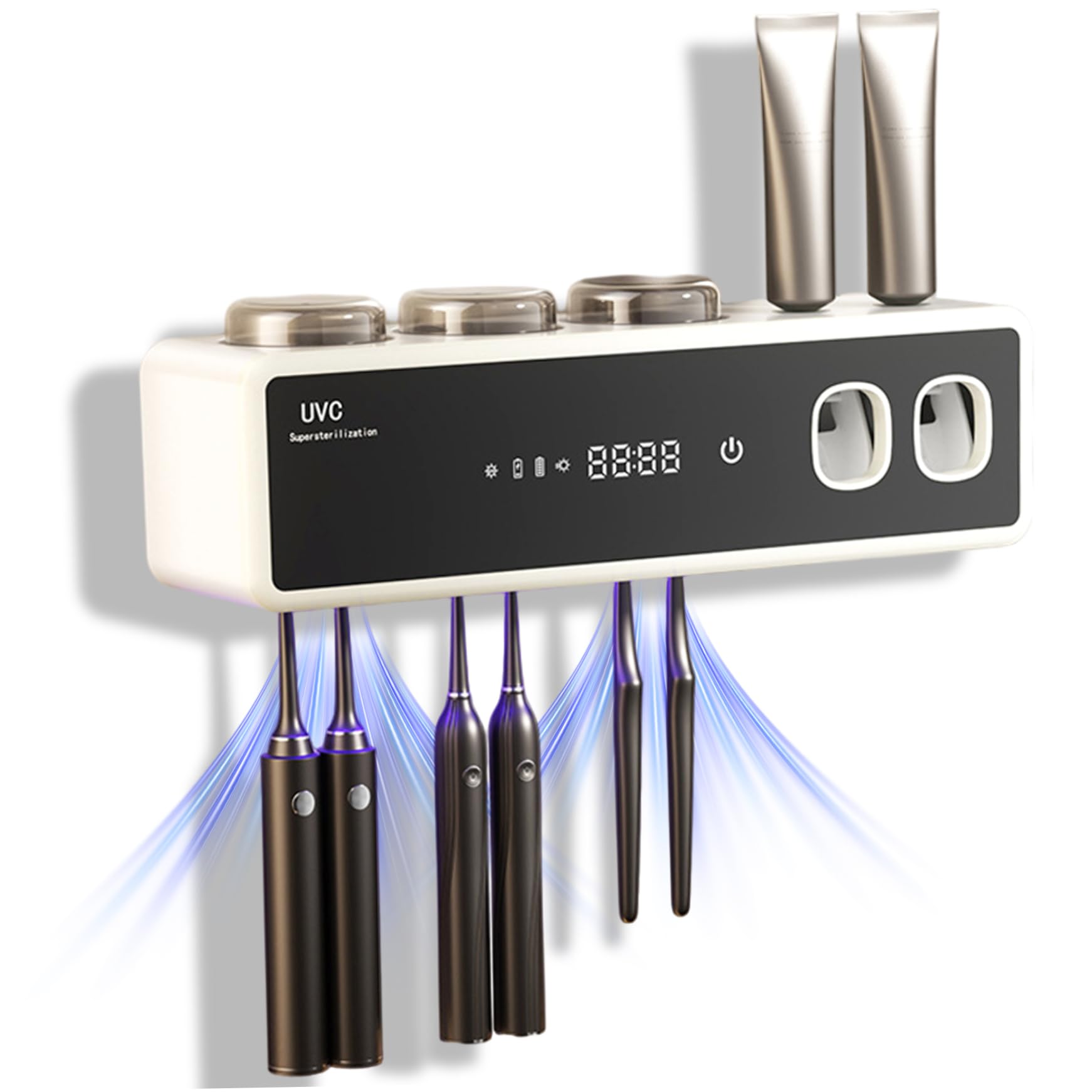 Portaspazzolino intelligente, dispenser automatico di dentifricio, organizer per spazzolini elettrici montato a parete con funzione di asciugatura, bianco.